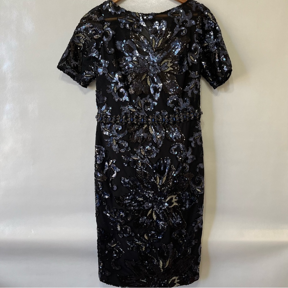 Badgley Mischka Collection Black Blue Sequin Cocktail Sheath Dress